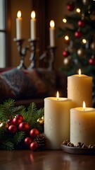 Rustic Christmas Candle Centerpiece with Pinecones and Evergreen on Wooden Table