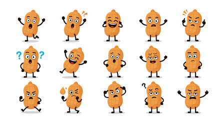 Fototapeta premium Adorable peanut characters with big eyes and expressive faces illustrating diverse human emotions in a fun style.