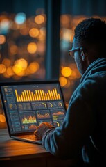 Man analyzing data on laptop by city lights at night