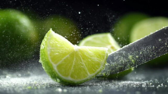 Refreshing close up of sharp knife slicing zesty green lime, creating dynamic splash. dramatic food preparation scene with vibrant sour citrus fruit juice and energy