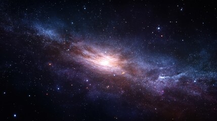 Naklejka premium A stunning view of a spiral galaxy reveals its bright center surrounded by swirling arms. This cosmic scene showcases a vast expanse of stars and cosmic dust in deep space.