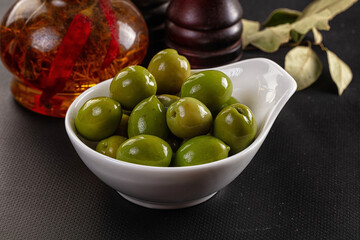 Marinated pickled green olives snack