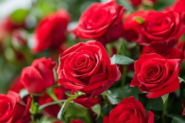 Obraz premium Close up of red roses growing in a garden, creating a romantic and vibrant scene