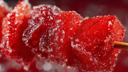 Macro view of sweet red watermelon spiral, refreshing juicy fruit dessert. This tempting sugary snack on stick covered in crystallized sugar offers delicious and cool summer refreshment