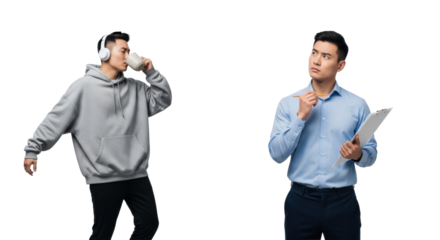 two sharply separated full-body studio vignettes of a young east asian man contrasting work (shirt/clipboard) and life (dancing/headphones) against transparent background. concept of work-life balance