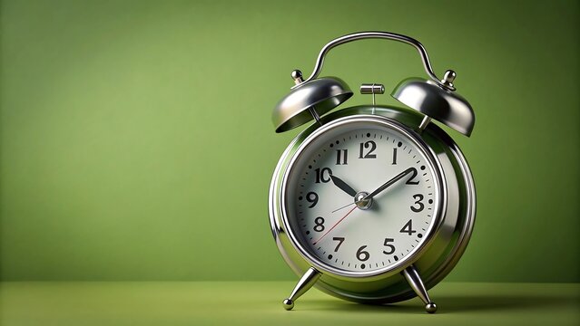 Vintage alarm clock on a green background showing the time is almost ten past ten