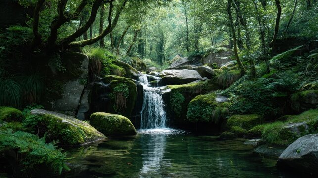 A beautiful waterfall surrounded by lush green trees. The water is crystal clear and the atmosphere is peaceful and serene