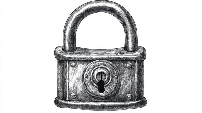 Vintage padlock hand drawn in detailed black ink, antique security illustration for design and decoration