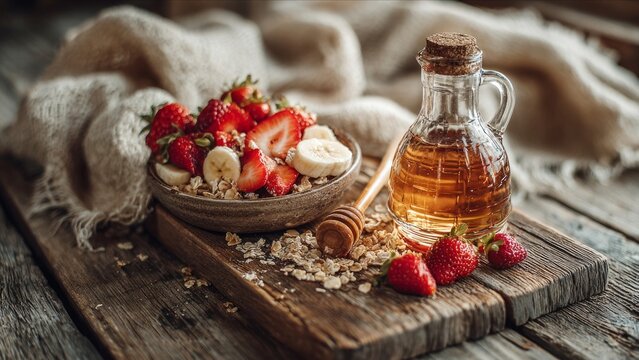 Healthy breakfast bowl with strawberries, banana, granola, and honey