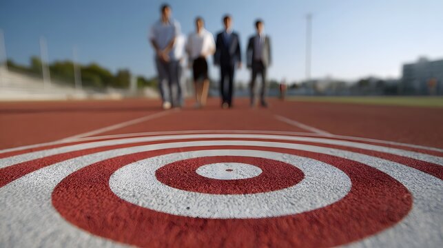 Professionals approach a target on a running track during morning light symbolizing teamwork and achieving goals