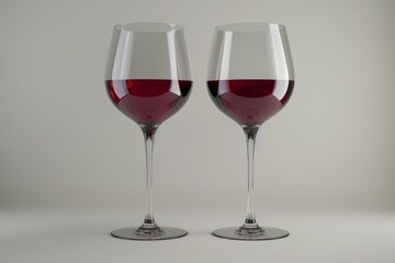 Fototapeta premium Two glasses filled with red wine stand on a minimalist background, creating an elegant and inviting scene