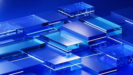 Blue futuristic glass blocks with glowing light effects