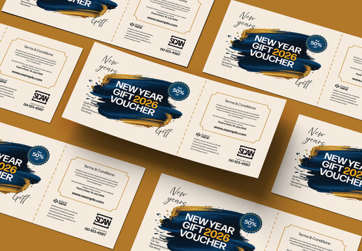 New Year 2026 Gift Voucher Template with Elegant Brush Stroke Design