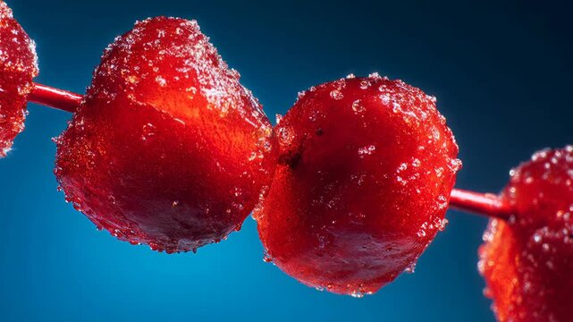 Macro closeup of tempting red sweet sugary fruit candy confection. Delicious dessert glistening with beautiful sugar crystal glaze, isolated on vibrant blue background