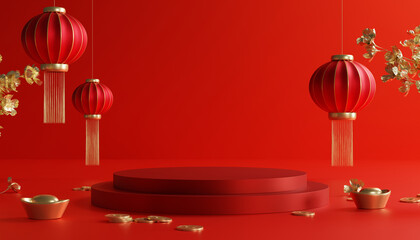 Minimalist chinese new year background red round podium with lantern decoration. 3D rendering
