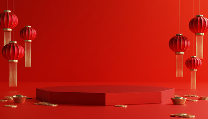 Minimalist chinese new year background with red lanterns and podium display. 3D rendering