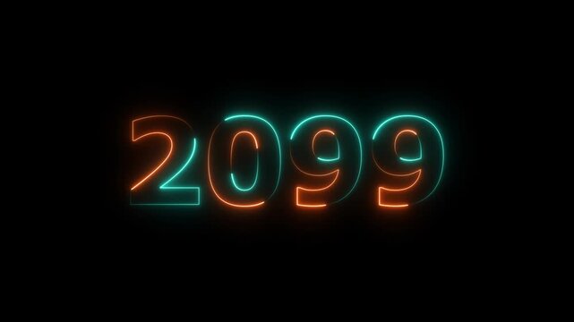 Glowing neon business number 2099 text animation futuristic 4K video.