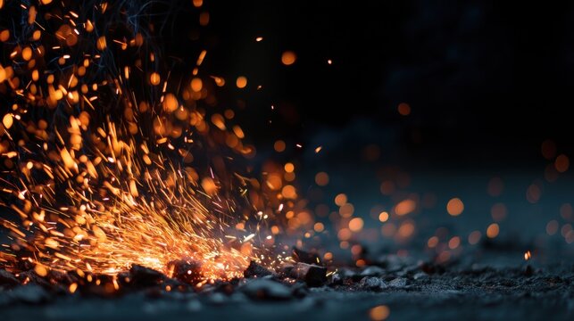A black background with a lot of sparks and fire. The sparks are scattered all over the ground, creating a sense of chaos and destruction. Scene is intense and dramatic, as if something powerful - Powered by Adobe