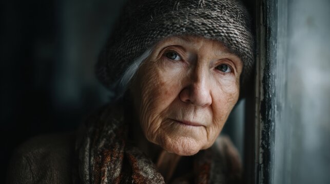 A woman with a hat and scarf is looking out the window. She is sad or contemplative - Powered by Adobe