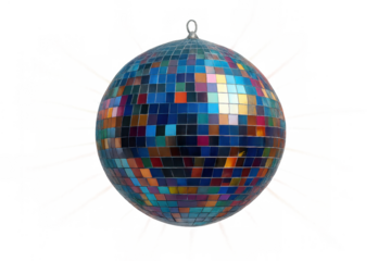 Disco ball reflecting vibrant colors, symbolizing celebration, party, music, and nightlife fun on transparent background