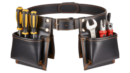 A dark leather tool belt holds screwdrivers and wrenches for easy access.