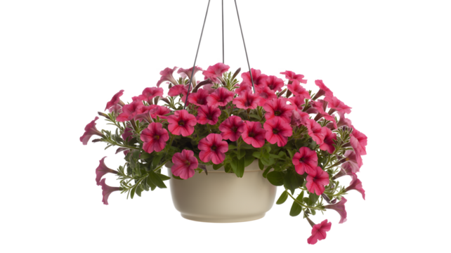 A pot of pink flowers hangs in the air blooming vibrantly.
