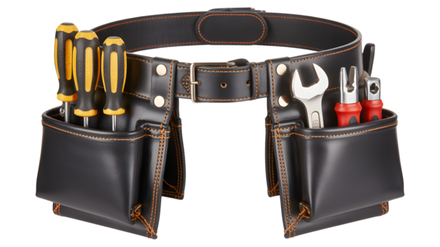 A dark leather tool belt holds screwdrivers and wrenches for easy access.