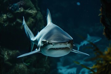 Grey shark swimming in the dark depths of the ocean