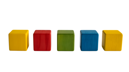 Five colorful cubes are standing in a row on a black background.