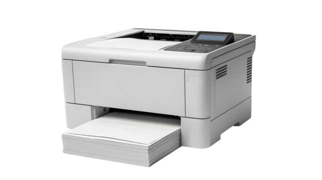 A white printer sits ready to print papers on a black background.