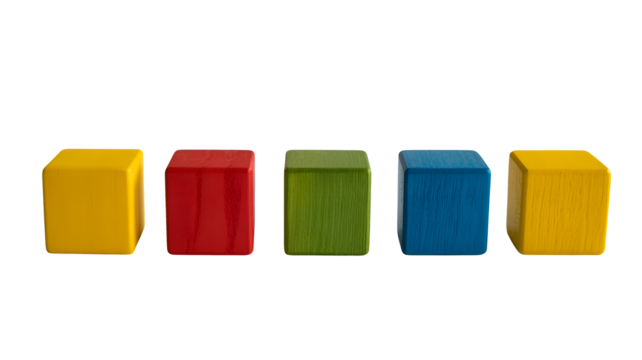 Five colorful cubes are standing in a row on a black background.