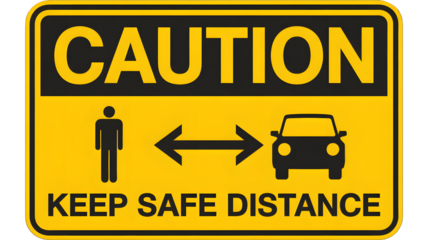 Caution sign showing a person and a car with an arrow indicating to maintain safe distance.
