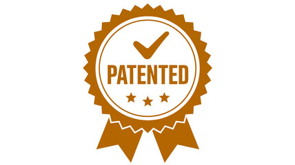 A golden ribbon emblem shows the word patented with a check mark above three stars.