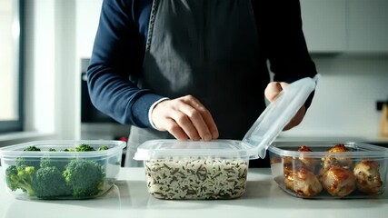 Preparing meal prep container on counter. Man arranges container with broccoli rice and chicken. Healthy meal and lunch ready for week. Kitchen shows food storage. Mealprep supports healthy eating.