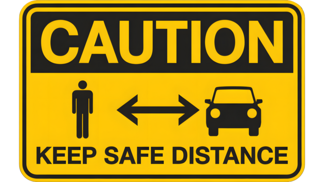 Caution sign showing a person and a car with an arrow indicating to maintain safe distance.