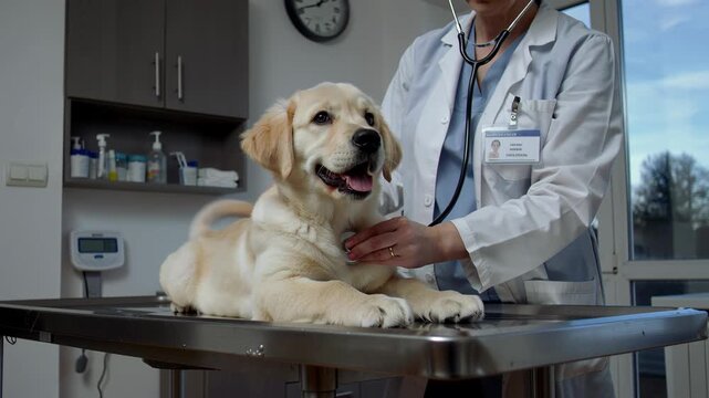 Woman veterinarian performing check up on a happy golden retriever puppy with a stethoscope in a bright clinic examination room. - Powered by Adobe