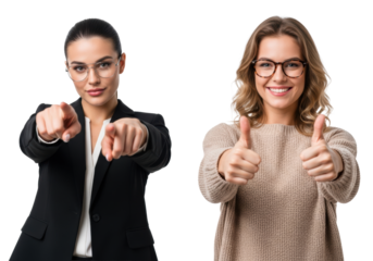 photorealistic diptych of two young caucasian women: one in a black suit pointing, one in a beige sweater giving thumbs-up, isolated high-key on transparent copy space, concept of success and
