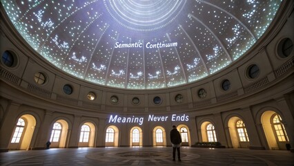 Grand architectural dome showcasing luminous words in an artistic installation about meaning and semantics in a spacious hall