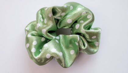 Polka dot green silk scrunchie hair accessory isolated on white background