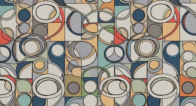 Modern abstract geometric pattern with interconnected circles and squares in a muted color palette for textile design or digital art background