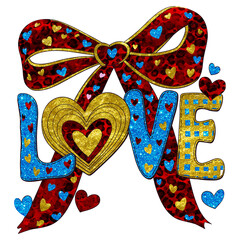 Sparkling 'Love' Design with Hearts and Festive Bow for Valentine's Day, Wedding Decor, or Romantic Celebrations; Perfect for Cards, Gifts, and Digital Designs