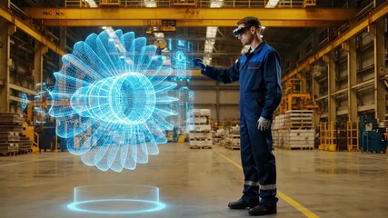 Inspecting holographic turbine with augmentedreality headset. Engineer and worker interact with hologram in warehouse. Interface shows gear and diagnostic. Maintenance inspection guided by overlay. - Powered by Adobe