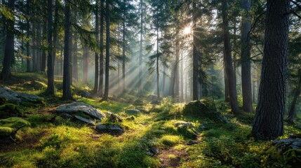 Fototapeta premium Gentle rays of sunlight shine through the tall trees of a peaceful forest in the early morning. Morning mist lingers among the greenery creating a tranquil atmosphere.
