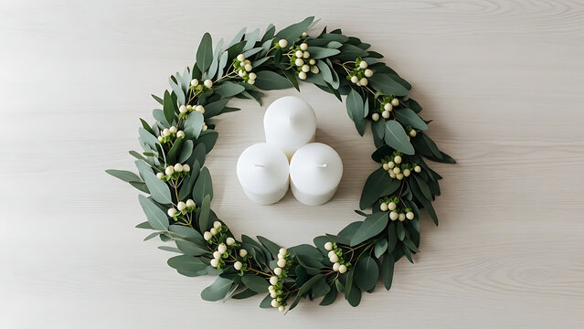 Top down flat lay of a minimalist holiday centerpiece with a fresh eucalyptus wreath and three white pillar candles on a wooden table