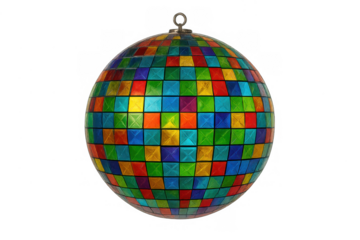 Multicolored mosaic christmas bauble with reflective square tiles. Vibrant holiday ornament celebrating festive seasons