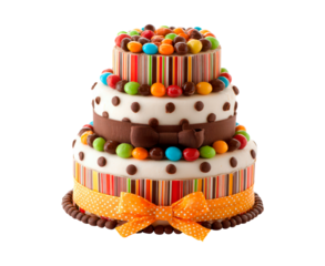 Colorful layered celebration cake with candy toppings and decorative ribbons for festive events on transparent background