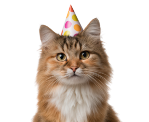 Adorable cat wearing a colorful party hat on transparent background