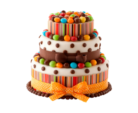Colorful layered celebration cake with candy toppings and decorative ribbons for festive events on transparent background