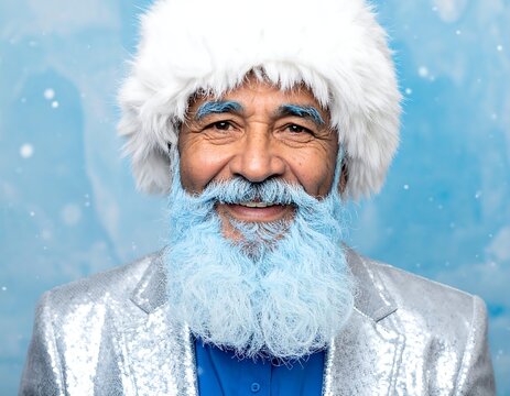 Joyful senior with frosted beard and hat, smiling at camera