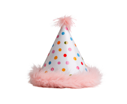 Colorful party hat with polka dots and pink feather trim for celebration on transparent background